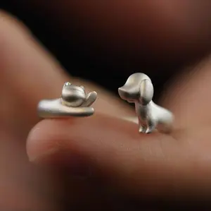 Women's Adjustable Matte Silver Open Ring - 3D Sculpted Cat & Dog Design - Pet Lover Statement Costume Jewelry