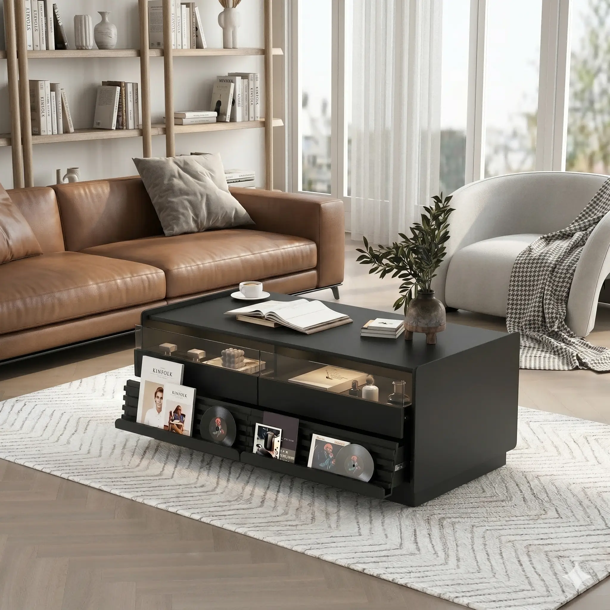 47.2" Modern Fluted Edge Wood Coffee Table - Rectangular Indoor Living Room Table with Base, Tempered Glass Tabletop, 4 Drawers, 2 Display Shelves, Ample Storage, Assembly Required