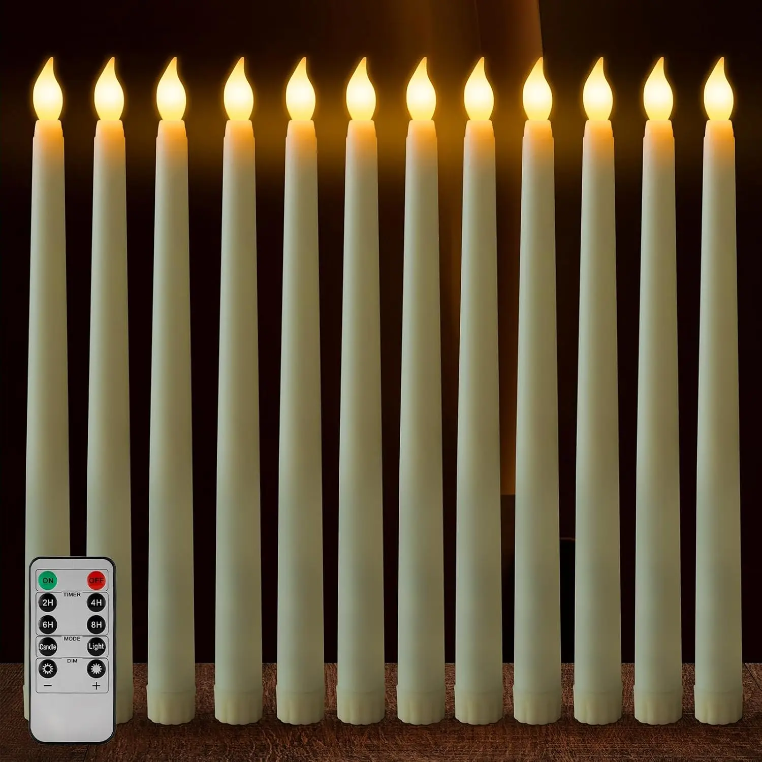 12 Pcs Ivory Flameless Taper Candles - Battery-Operated, Flickering Remote-Controlled Tubular Upright Dim Multi-Mode Candle Lights with Timer, for Christmas, Wedding Decorations, Remote-Controlled Candle Lights