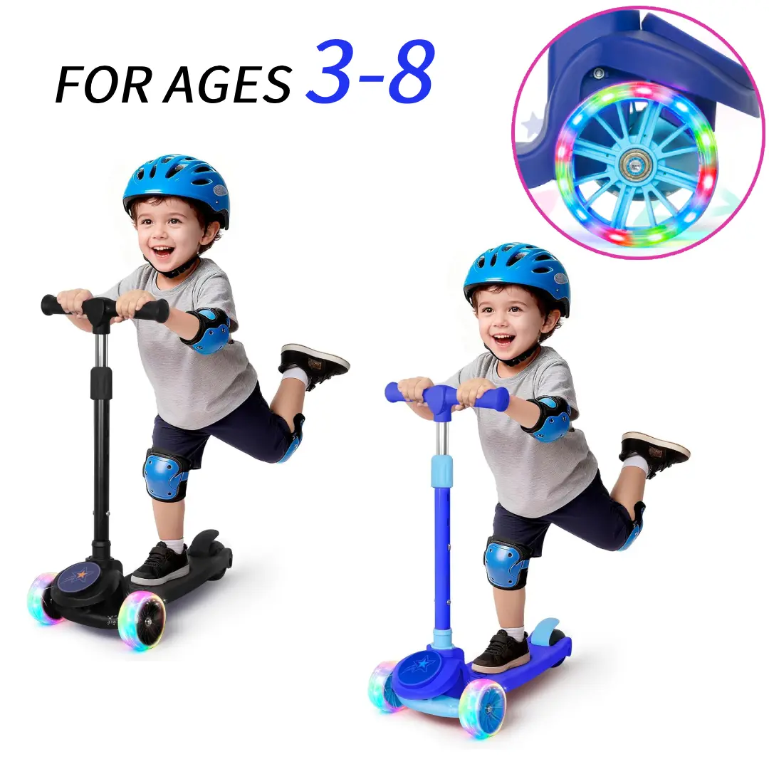 Nattork Blue Kids Scooter for Boys, 3-Wheel Light-Up Wheels, Lean-to-Steer, 3 Adjustable Height, Durable Frame, Foldable Outdoor Sport Toy for Boys Ages 3-8, Led Light Strips, Collapsible Handle