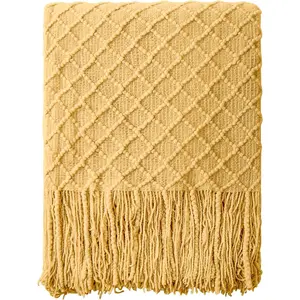 Knitted Throw Blanket, Lightweight and Soft Cozy Decorative Woven Blanket with Tassels for Travel, Couch, Bed, Sofa, 51x67 Inches, Mustard Yellow Checkered