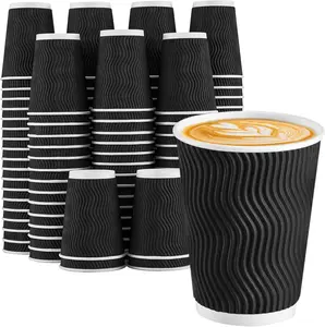 Disposable Coffee Cups 12 OZ 100 Pack Paper Cups for Hot & Cold Drinks Insulated Ripple Wall Design No  for Office Cafe  Travel Black