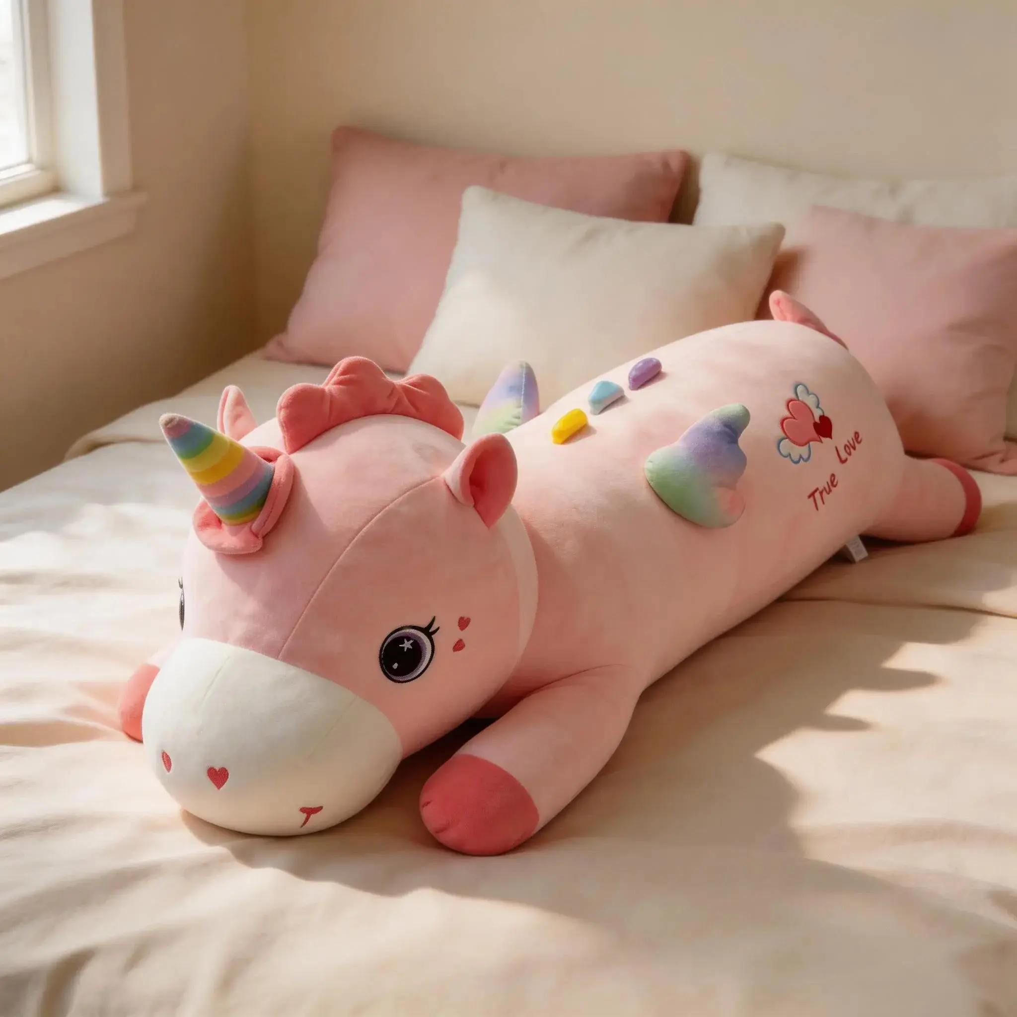 Large Pink Unicorn Plush Pillow - Rainbow Horn, Gradient Wings, Crystal Soft Plush Toy for Girls, Leg-Holding Side Sleeping Pillow, Valentine’s/Birthday Gift, Anime & Manga Themed, Ages 3 and Up, No Cartoon Characters, Plush Toys, Valentine’s Day