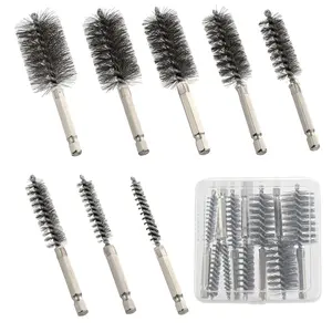 8 Pcs Stainless Steel Bore Brush for Drill,Durable Metal Bristles Twisted,8 Size Set Multiple Diameter Options,1/4 Inch Hex Shank,for Power Drill Impact Driver & Tube Cleaning,Hand Tools Kits