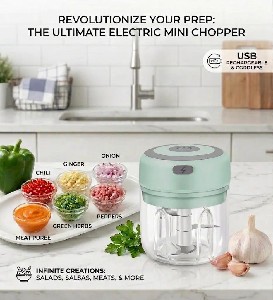 Electric Garlic Chopper - 250ML USB Rechargeable Mini Food Processor with Stainless Steel Blade, Portable 1-Button Vegetable Onion Mincer for Spices Nuts Baby Food, Kitchen Gadget