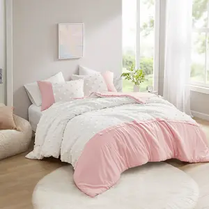 Intelligent Design ID12-2427 Shay Microfibre Color Block Clip Jacquard Duvet Cover Set, 68x90x0.13in, 4 Inner Ties, Machine Washable, Pink - Twin & Twin Extra Large, Bedding Decor