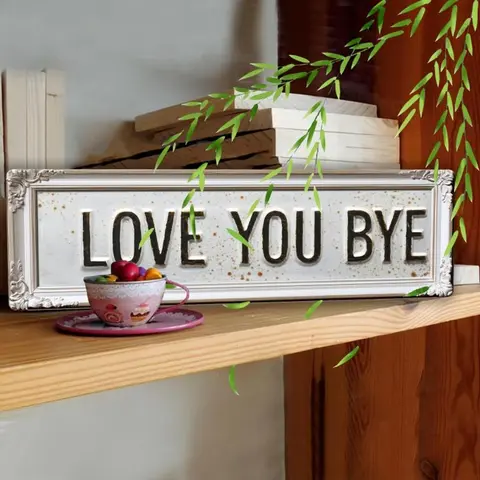 1pc Love You Bye Vintage Metal Sign - Rustic Farmhouse Wall Art with Distressed White Finish & Green Leaf Accents, Metal Plaque for Living Room - Housewarming & Holiday Gifts, Rustic Home Decor, Vintage Plaque Decoration, Decorative Wall Sign