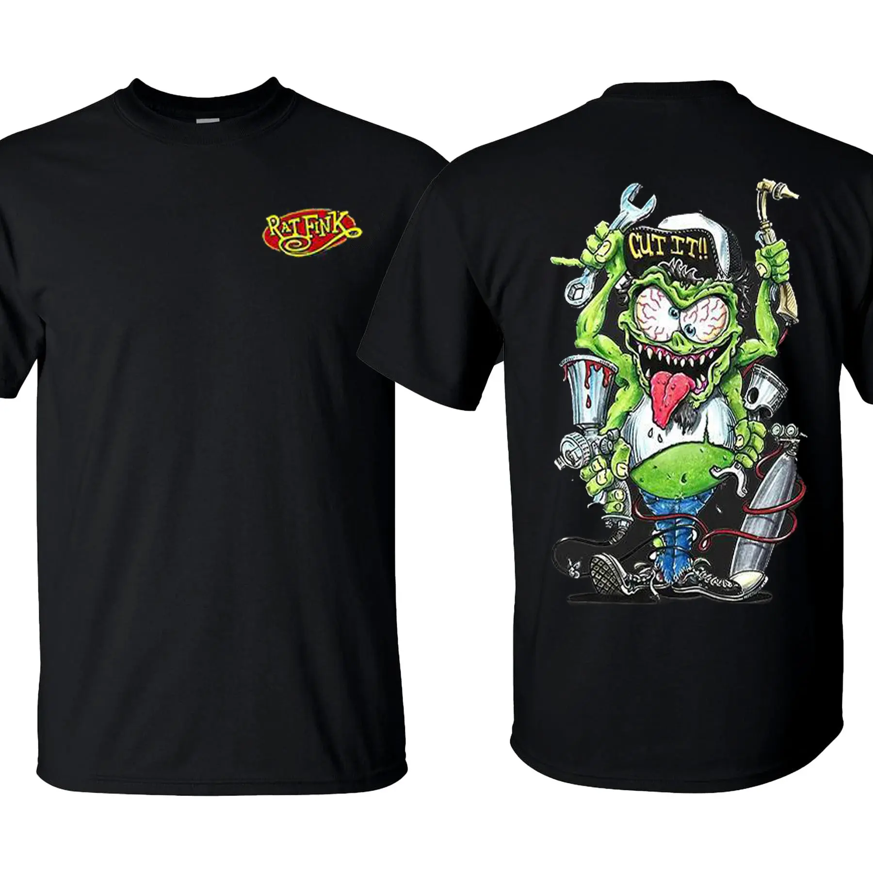 Rat Fink Style Mechanic Monster T-Shirt, Crazy Garage Gremlin with Tools Graphic Tee, Vintage Hot Rod Kustom Culture Shirt for Mechanics & Car Enthusiasts