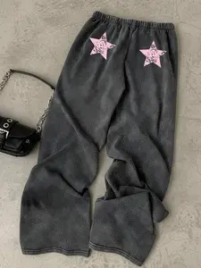 ROSY x  Women's Casual Low-Waist Straight-Leg Sweatpants With Pink Star Pattern; Washed Vintage Loose Wide-Leg Pants, Drawstring, Black; Suitable For Autumn And Winter, Hip-Hop, Dancing, Sports, G