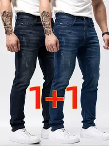 Men's 2-Piece Washed Straight Leg Business Denim Jeans, Blue Slim-Fit Stretch Jeans for Daily Wear