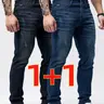 1/2 set of men's washed straight leg casual business jeans, blue black+blue two piece slim fit elastic jeans, suitable for daily wear, Stretchy Denim Jeans
