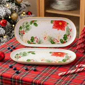 Oval Christmas Platters Ceramic Set of 2 - 12" x 5.8" Festive Red Berries Serving Plates for Holiday Table Decor, Food Meat Fruit Baked Goods, Christmas Thanksgiving Party Entertaining