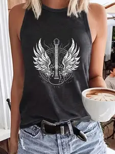 Women's Guitar & Angel Wings Print Graphic Round Neck Tank Top, Casual Sleeveless Top for Summer, Ladies Clothes for Daily Wear, Socks, Sleeveless Tank Tops