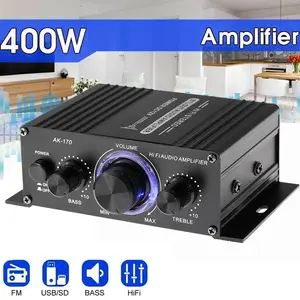 AK170 Mini Digital Power Audio Car Amplifier Blue Light Stereo Audio Amplifier for Home Theater Club Party Music 200Wx2 Power Vintage Vinyl Player with Bluetooth Speaker