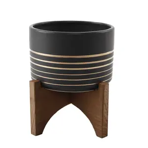 Ceramic Planter 4.75" on Wood Stand, Decorative Design with Gold Accents, Natural Wood Finish