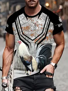 Summer Men's Animal Pattern Rooster Print Casual Clothing 3D Printed Outdoor Daily Short Sleeve Tee, Loose-Fitting Long Shirt Streetwear