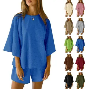 PLNOTME Women’s Pajama Set – 3/4 Sleeve Oversized Top and Elastic Waist Shorts, Loungewear