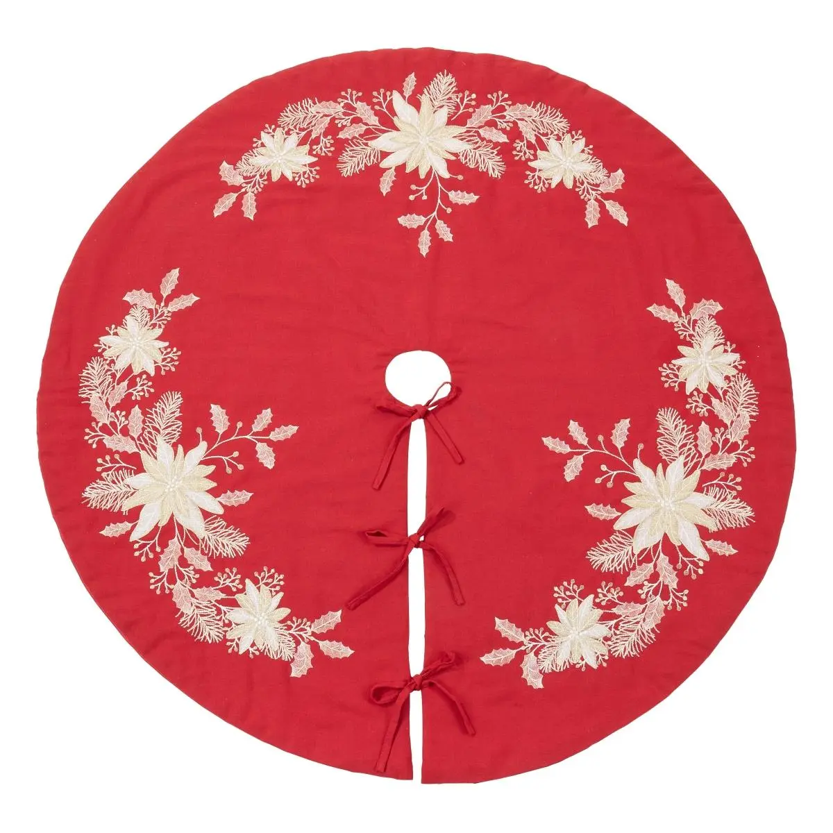 Saro Lifestyle 4632.R72R 72 in. Embroidered Holly Christmas Tree Skirt, Red