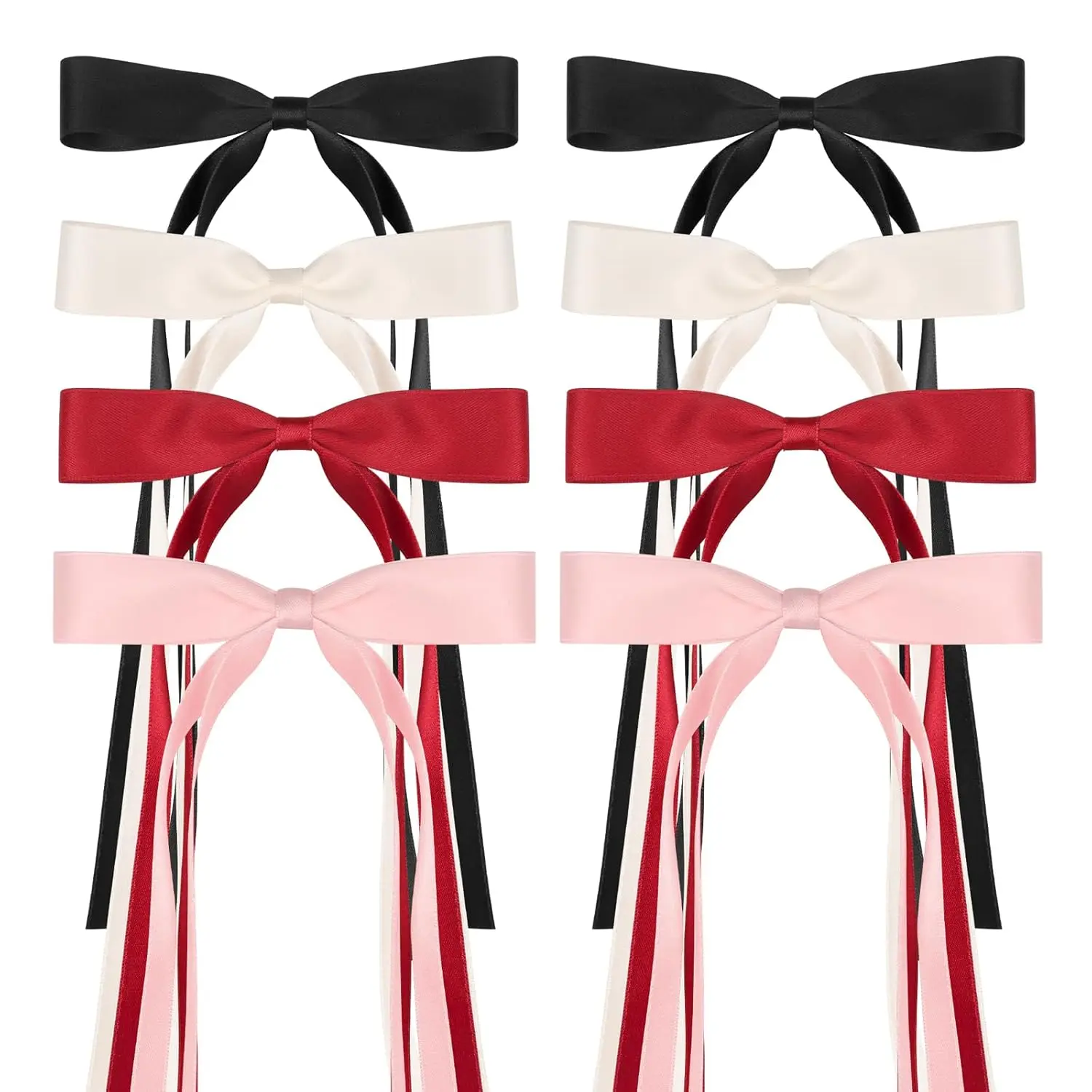 8 count Silky Satin Hair Bows with Tassel for Women Grils, Tassel Ribbon Bowknot Hair Clips for Ponytail Holder. , Red Hair Bow and Black, White Barrettes Claw Bow