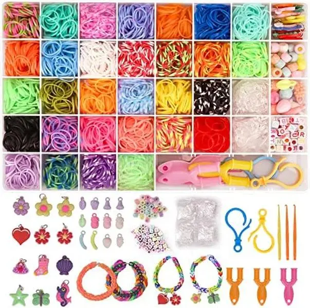 DIY Stretchy Rubber Band Bracelet Kit for Beginners & Parents - 3000+ Bands, 100s Clips, 12 Fruit Charms, 2 Hooks, Charm Beads, Storage Box - Christmas Holiday Beading & Jewelry Making Toy Set, 100 S Clips