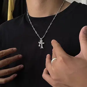 Double Cross Vintage Zircon Cross Long Pendant Necklace Gold Plated Stainless Steel Choker for Women Trendy Jewelry Gifts