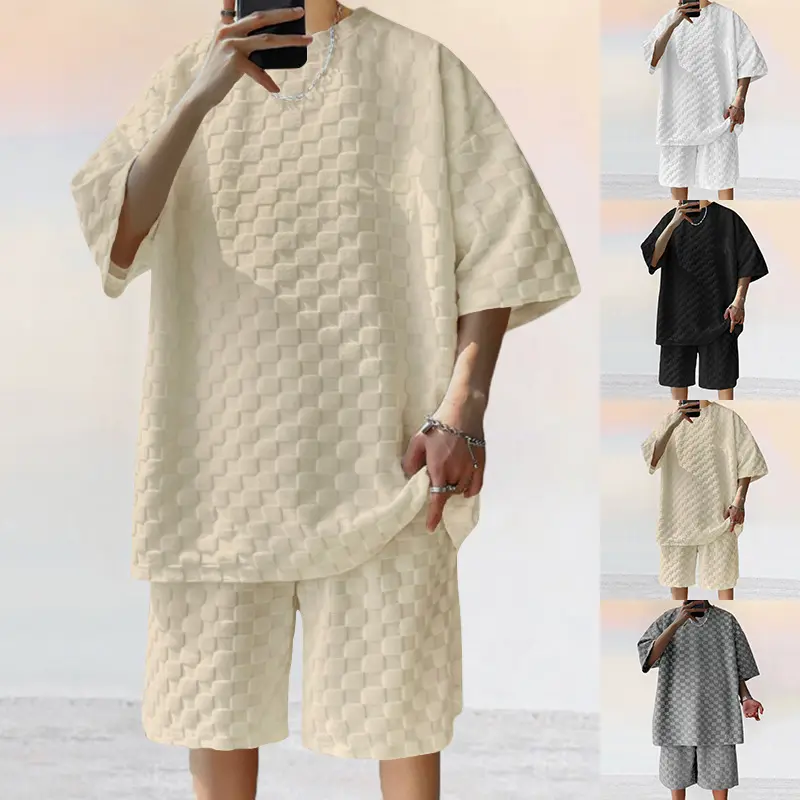 Men's Jacquard Short Sleeve T-Shirt and Straight Shorts Casual Cotton Blend Set