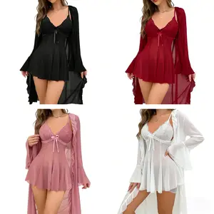Women's Lace Satin Chemise Nightgown & Robe Lingerie Set Sleepwear Birthday