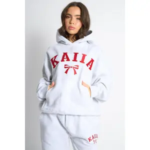 Kaiia Bow Embroidered Oversized Hoodie Light Grey Marl & Red