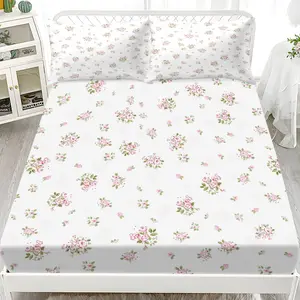 Three pieces of small pink rose floral patterns Print Bed Sheet Set (1 Fitted + 2 Pillowcases), Decorative Bedsheet Sets, Casual Style, High-Quality Inkjet Printing, Bedroom or Guest Room Use