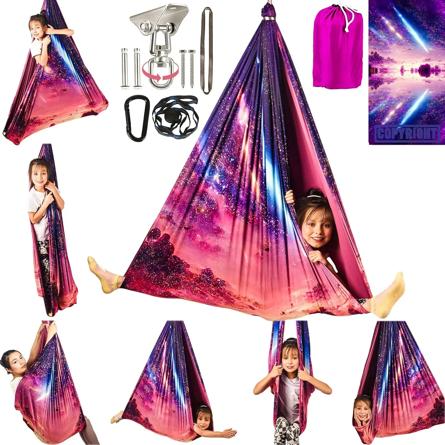 Unisex Modern Double Layer Fabric Polyester Sensory Cuddle Swing with 360-Swivel Hanger Kit, O-Rings, 59in(H)x59in(W), 300lbs Capacity, Adjustable for Special Needs Children, Indoor-Outdoor Use, Assembly Required (Fantasy)