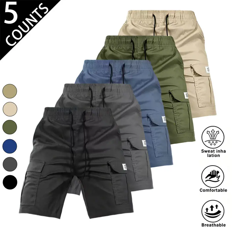 Men’s 5-Pack Cargo Shorts, Elastic Waist Quick-Dry Casual Work Shorts, Multi-Pocket Lightweight Breathable Summer Outdoor Shorts for Everyday Wear