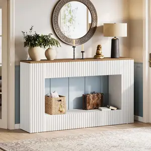 Modern Console Table, 55-Inch Wood Entryway Table With Storage, Long Sofa Table Behind Couch Table For Living Room, Foyer, Hallway, White/Walnut & Black/Brown