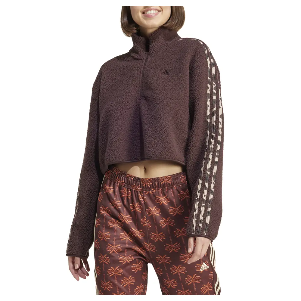 adidas Womens Essentials 3-Stripes Animal Print High Pile Cropped 14 Zip Training Casual Tops Casual - Brown