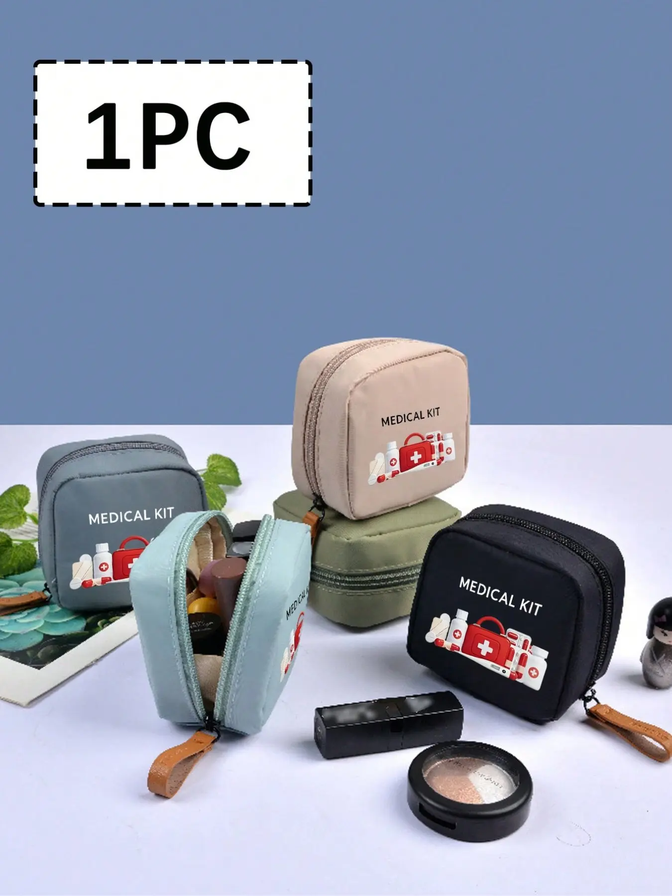 A mini portable medicine bag, printed with pill, thermometer, and pillbox patterns, first aid kit, medical emergency kit, outdoor household medicine storage bag, travel storage bag, makeup bag, cosmetic bag, vacation storage bag