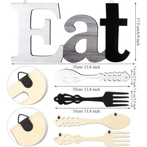 Pack fo 3 Eat Sign  Wooden Fork Spoon Knife Sign Wall Decor, Rustic Cutout Eat Grey Kitchen Decor for Home Dining Living Room Bar Cafe Restaurant Hanging Hook