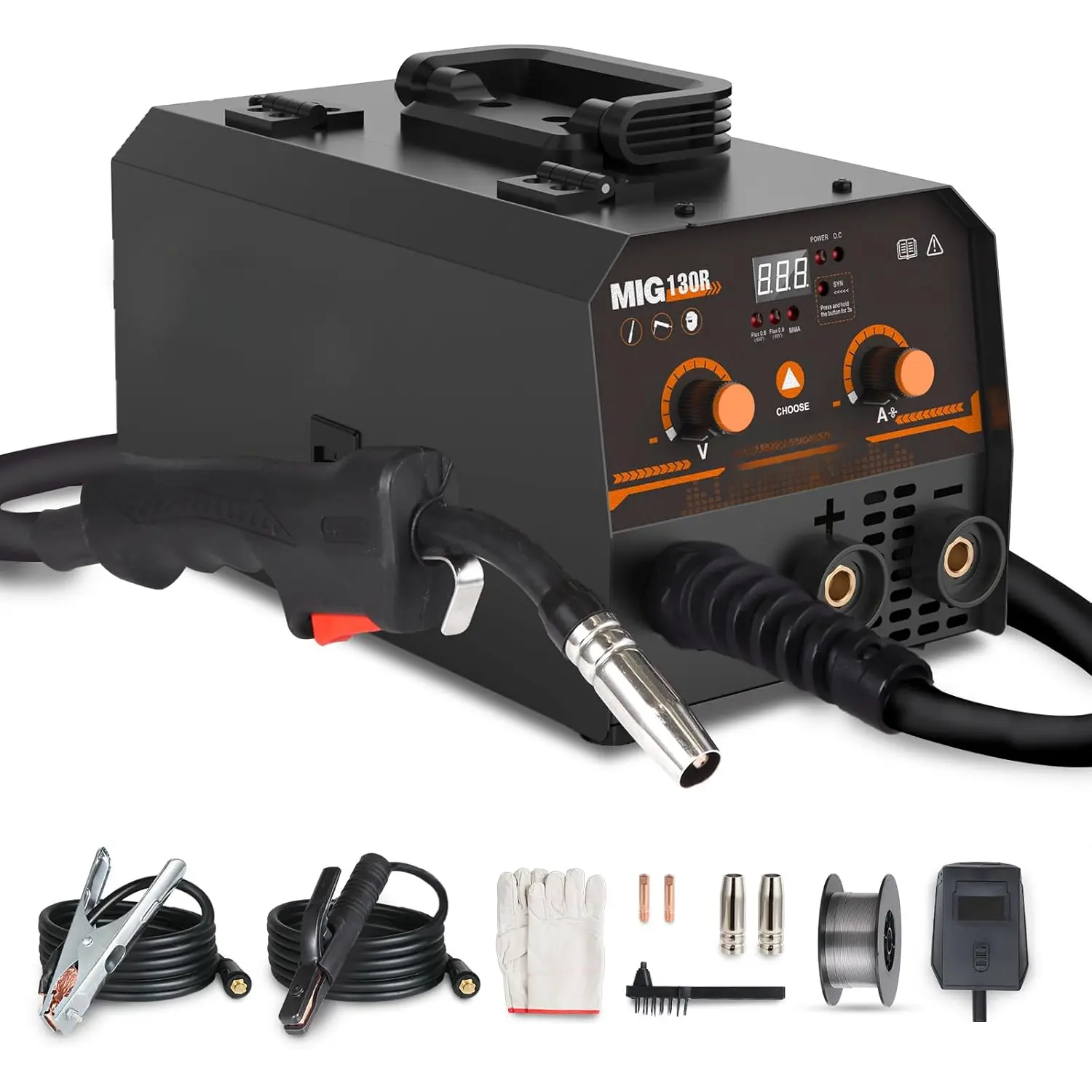 130Amp 110V 2-in-1 Gasless MIG Welder - Flux Core/Stick Welder with Synergy IGBT Inverter, Portable Wire Feed, Gloves, Brush, Welding Mask, Metal Compatibility, 0.030”/.035” Contacts Tips