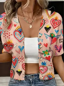 Spring and summer style, V-neck collision color love print women's Valentine's Day knitted short-sleeved cardigan, Lightweight cardigan, blouse, Bohemian holiday style, Knitted Tops