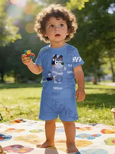 Sporty Bluey graffiti all-over print short-sleeve set for infants and toddlers, casual kids' clothing, T-shirt suitable for daily and outdoor sports. 100% polyester, a perfect gift for infants and young children!
