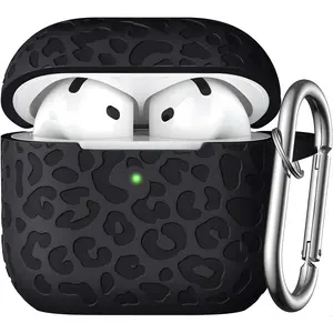 AirPods 4 Case 2024 Leopard Engraved Black Silicone Protective Cover with Keychain, Cute Shockproof Anti-Scratch Slim Case for AirPods 4th Generation, Durable Stylish Accessories for Women