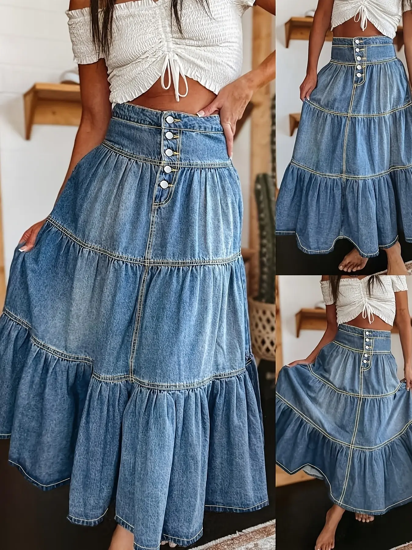 KCGH 2026 New Plus Size Denim Pleated Tiered Layered Skirt with Ruffled Pleated Hemline for Women, Elegant Fashion Skirt, Preppy Elegant Chic Style High Waist A Line Skirt Womenswear