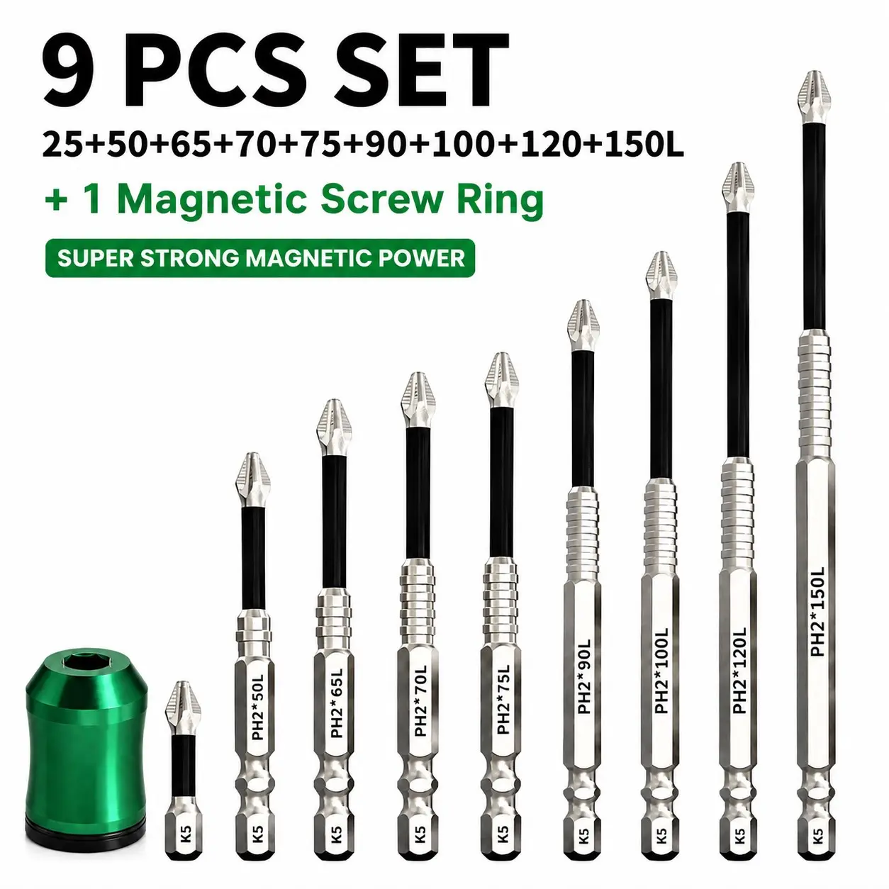TOOLIX K5 Anti Slip Drill Bit Set 9-Piece (25–150mm)  + Magnetic Screw Ring – Electric Drill for Home & Professional Repair, K5 Drillbit,  High  Magnetic Screwdriver Bit, PH2 Phillips Head bit, Magnetic Screw Ring, Non-Slip Electric Screwdriver Drill Bits