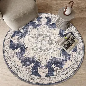Round Area Rug, Boho Vintage Oriental Circle Carpet, Washable Non Slip Non Shedding Soft Faux Indoor Floor Mat Rug for Bedroom Living Room Sofa Office Bathroom Kitchen