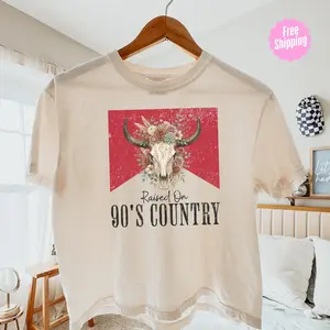 Comfort Colors - Raised On 90's Country Bull Skull Tee Boxy Crop Shirt