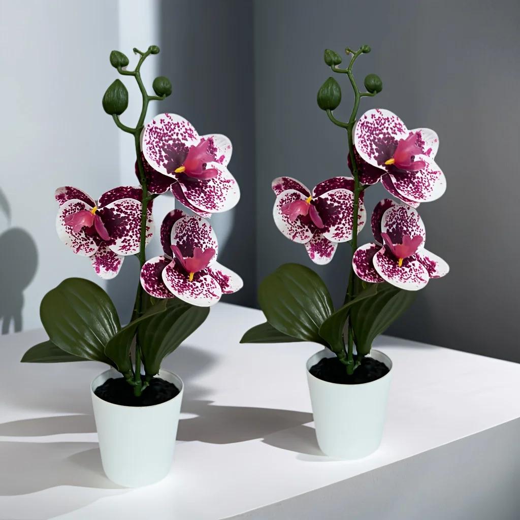 2/4pcs Elegant and Beautiful Phalaenopsis Orchid Potted Plant, Realistic Unique Purple Spotted Flowers with Pot
