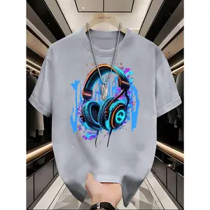 Teen Summer T-Shirt, Elastane, Casual Crew Neck Top with Geometric Headphone Print, Slightly Stretch Knitted Fabric, 200G/ M2, Regular Version for Teenage Boys