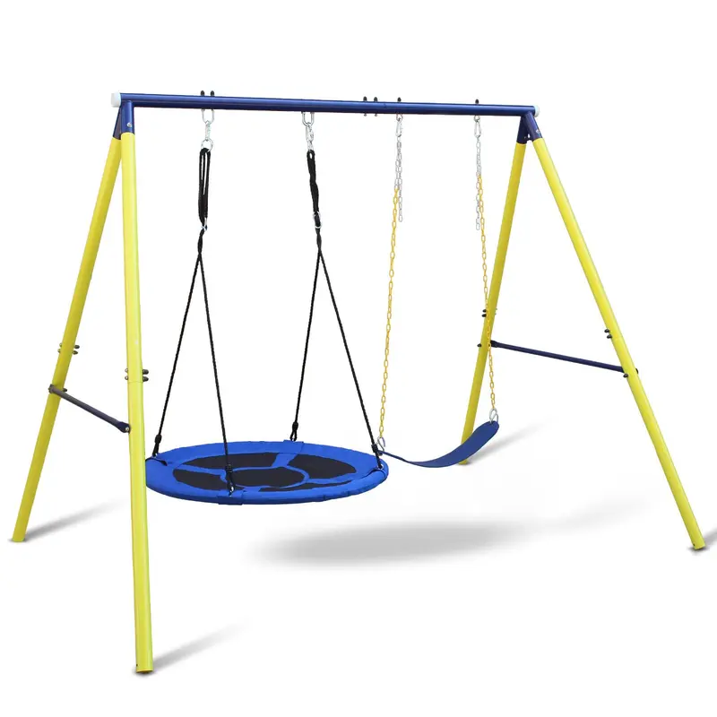 WKKEOM A-Frame Metal Swing Set - Outdoor Backyard Playground Equipment for Kids, 2-Seat Non-Inflatable, Easy-to-Install, Wind/Rain Ready with Saucer & Toddler Seats for Development & Creating Wonderful Memories