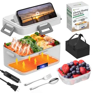 Electric Lunch Box 80W Food Warmer 12V 24V 110V Heated Lunch Box for Car/Truck Portable Food Warmer with 1.8L Container and Digital Screen Tableware