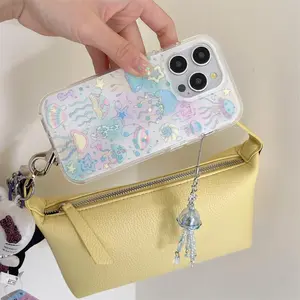 Cute Jellyfish Pattern Phone Case with Beaded Chain, Fashion Phone Protective Cover, Phone Accessories Compatible with iPhone 13 14 15 16 Pro Max, Casing