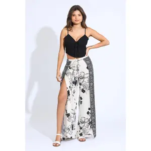Wide Leg Border Wrap Pant - White Floral