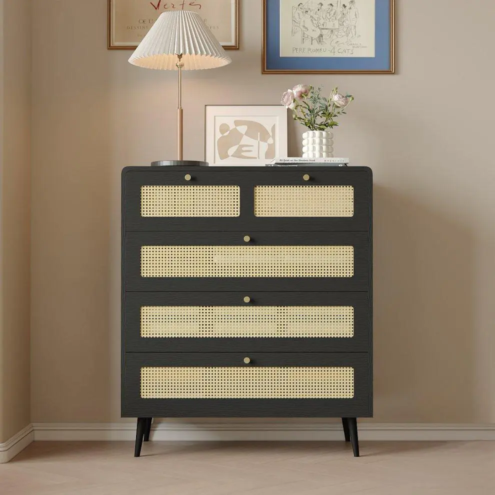 Modern Storage Rattan Dresser - 4-Drawer Woven Rattan Vertical Cabinet with MDF Wood Build, Rounded Edges, Wide Drawers, Durable Stable Structure, Anti-Dumping Device, Assembly Required, Ideal for Bedroom, Living Room, Modern Storage Dresser, Rattan Dress